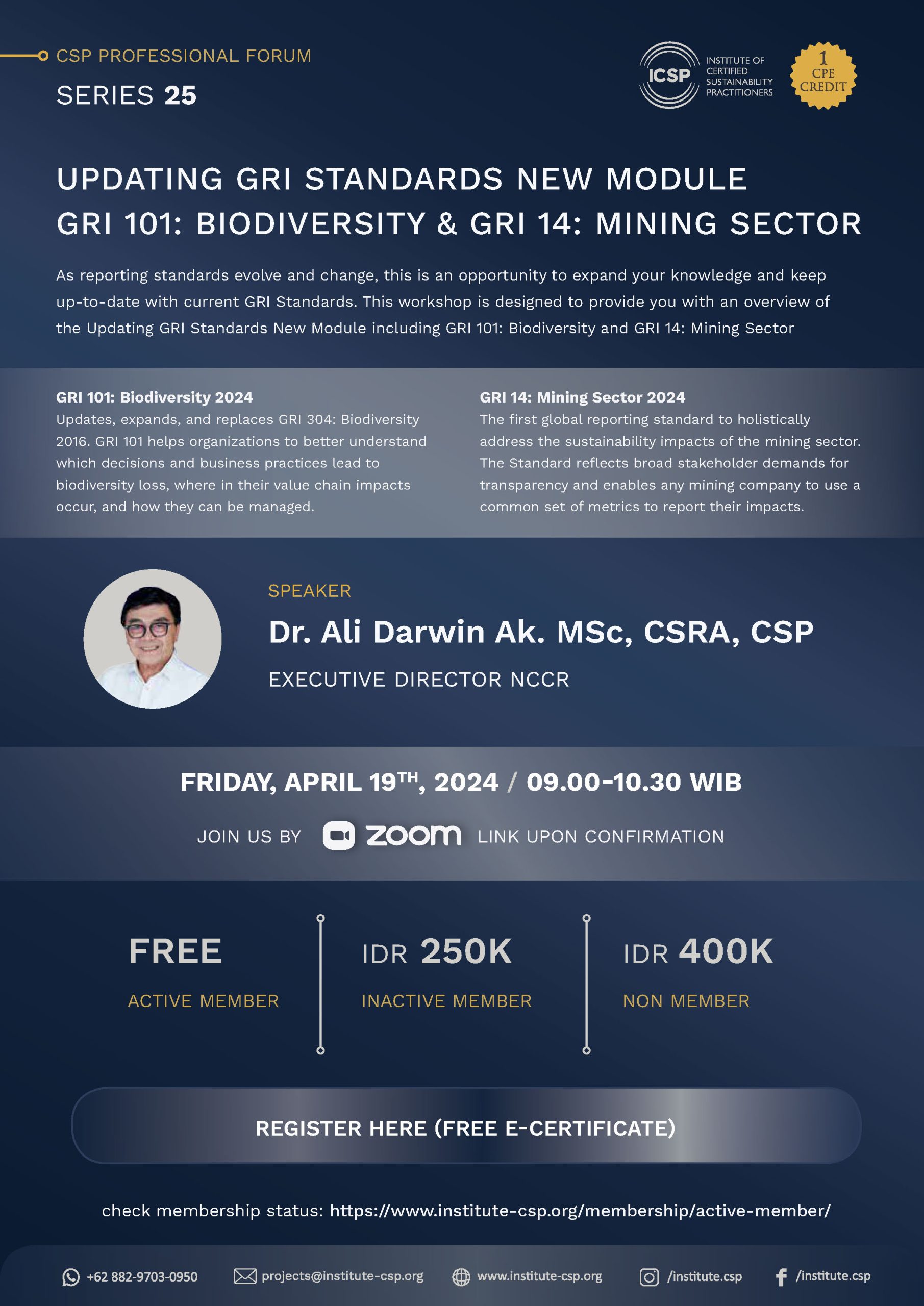 As reporting standards evolve and change, this is an opportunity to expand your knowledge and keep up-to-date with current GRI Standards. This workshop is designed to provide you with an overview of the Updating GRI Standards New Module including GRI 101: Biodiversity and GRI 14: Mining Sector