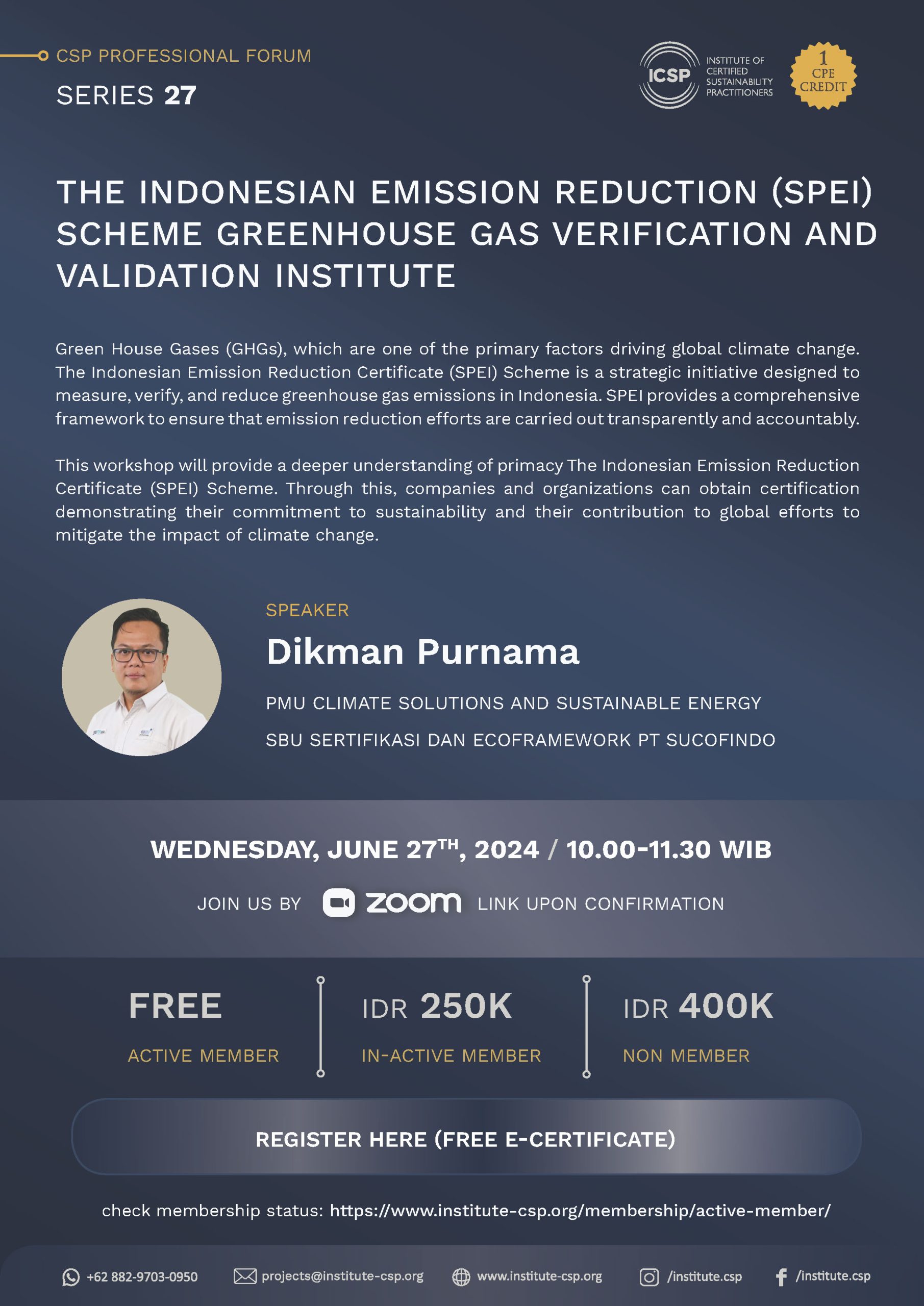 This workshop will provide a deeper understanding of primacy The Indonesian Emission Reduction Certificate (SPEI) Scheme. Through this, companies and organizations can obtain certification demonstrating their commitment to sustainability and their contribution to global efforts to mitigate the impact of climate change.