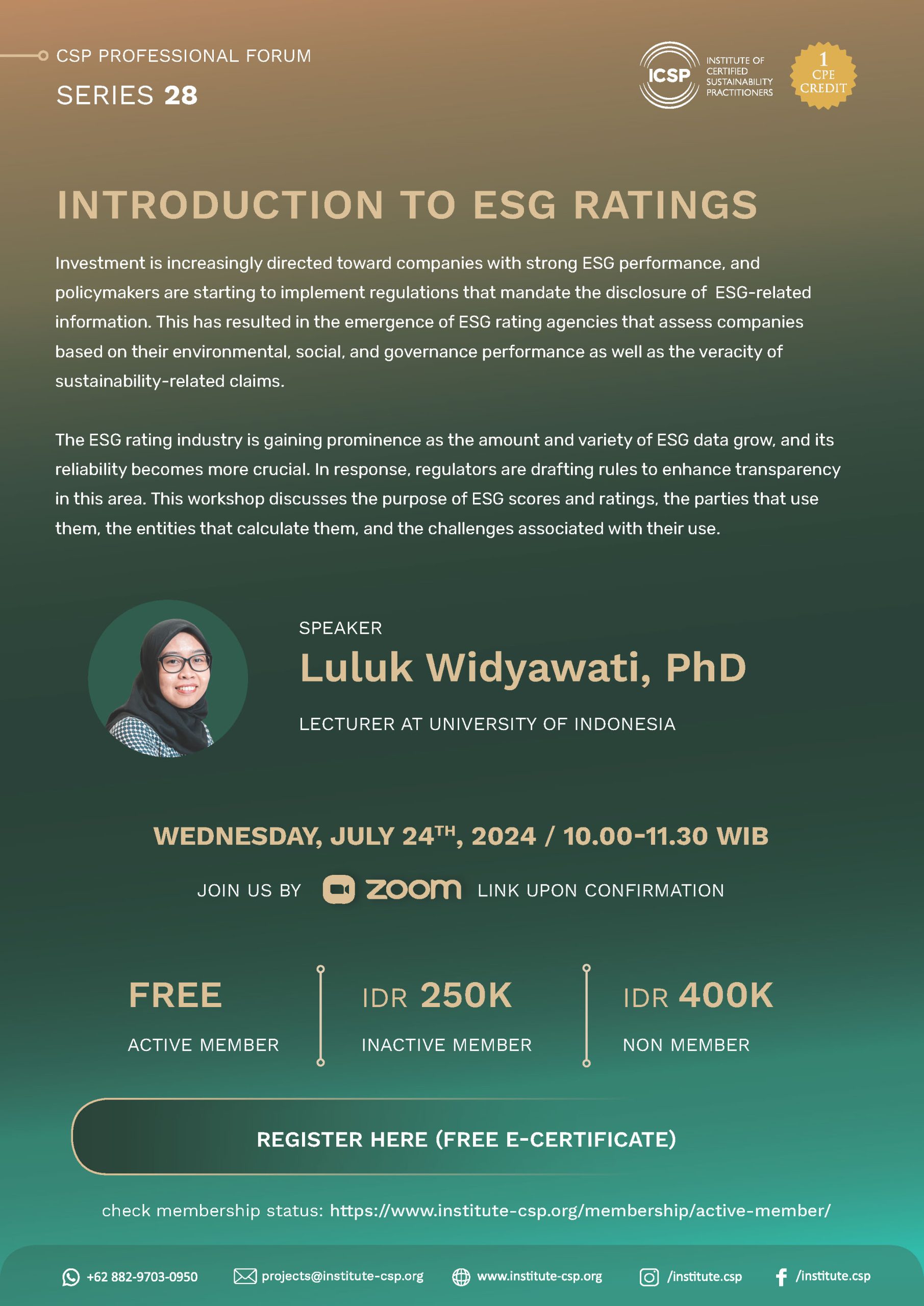 This workshop will provide a deeper understanding of primacy The Indonesian Emission Reduction Certificate (SPEI) Scheme. Through this, companies and organizations can obtain certification demonstrating their commitment to sustainability and their contribution to global efforts to mitigate the impact of climate change.